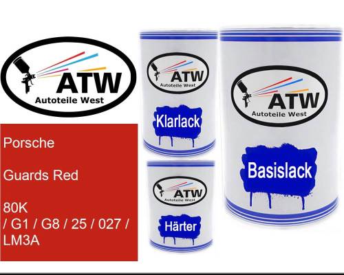Porsche, Guards Red, 80K / G1 / G8 / 25 / 027 / LM3A: 500ml Lackdose + 500ml Klarlack + 250ml Härter - Set, von ATW Autoteile West.